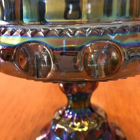 Kings Crown Blue Iridescent Carnival Glass Pedestal Candy Dish - Picture 7 of 10